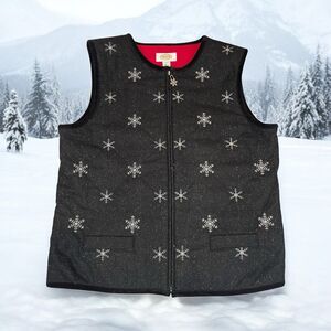Talbots Black Sparkly Snowflake Christmas Holiday Zip Vest Women’s Sz Small Warm